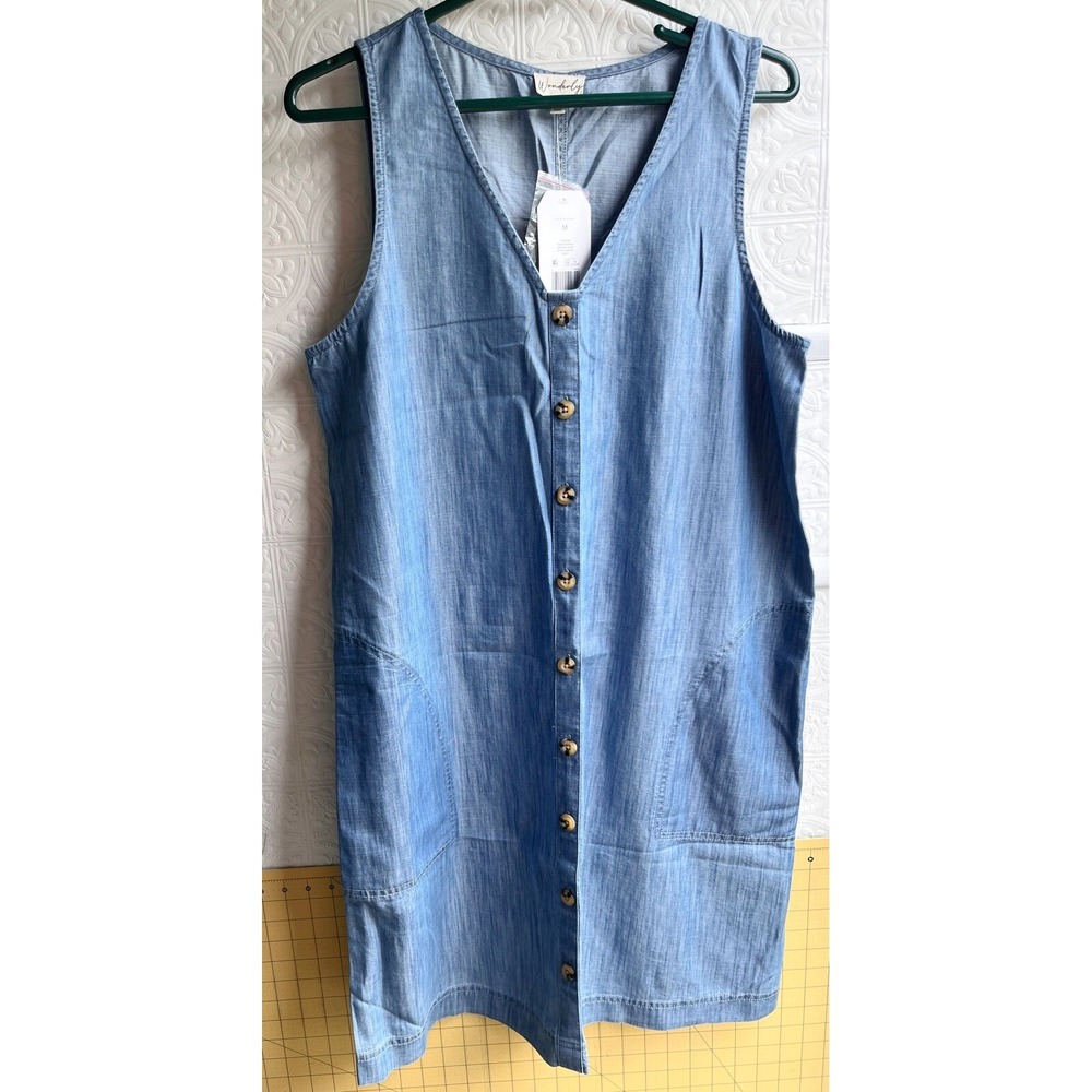 Wonderly‎ Chambray Denim Tunic Sheath Shirt Dress Size M Blue Pockets Womens - Picture 4 of 8